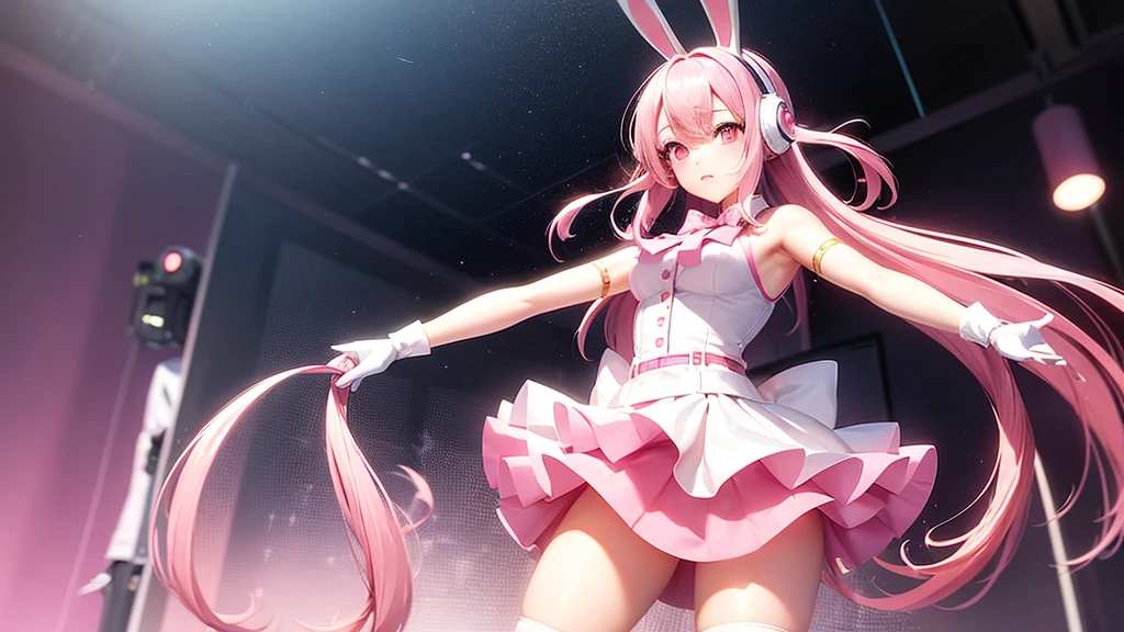 A woman with pink hair, long flowing hair, a mannequin figure, has rabbit bow robot headphones and pink eyes, has a cute face, wears a white sleeveless shirt with a pink skirt attached. There's a pink tie. Wear white gloves, pink cuffs, and pink high heels. Standing and posing like an idol