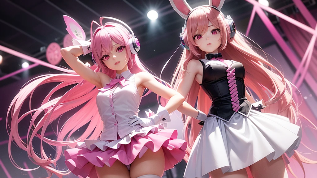 A woman with pink hair, long flowing hair, a mannequin figure, has rabbit bow robot headphones and pink eyes, has a cute face, wears a white sleeveless shirt with a pink skirt attached. There's a pink tie. Wear white gloves, pink cuffs, and pink high heels. Standing and posing like an idol
