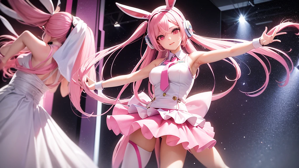 A woman with pink hair, long flowing hair, a mannequin figure, has rabbit bow robot headphones and pink eyes, has a cute face, wears a white sleeveless shirt with a pink skirt attached.  There's a pink tie. Wear white gloves, pink cuffs, and pink high heels. Standing and posing like an idol