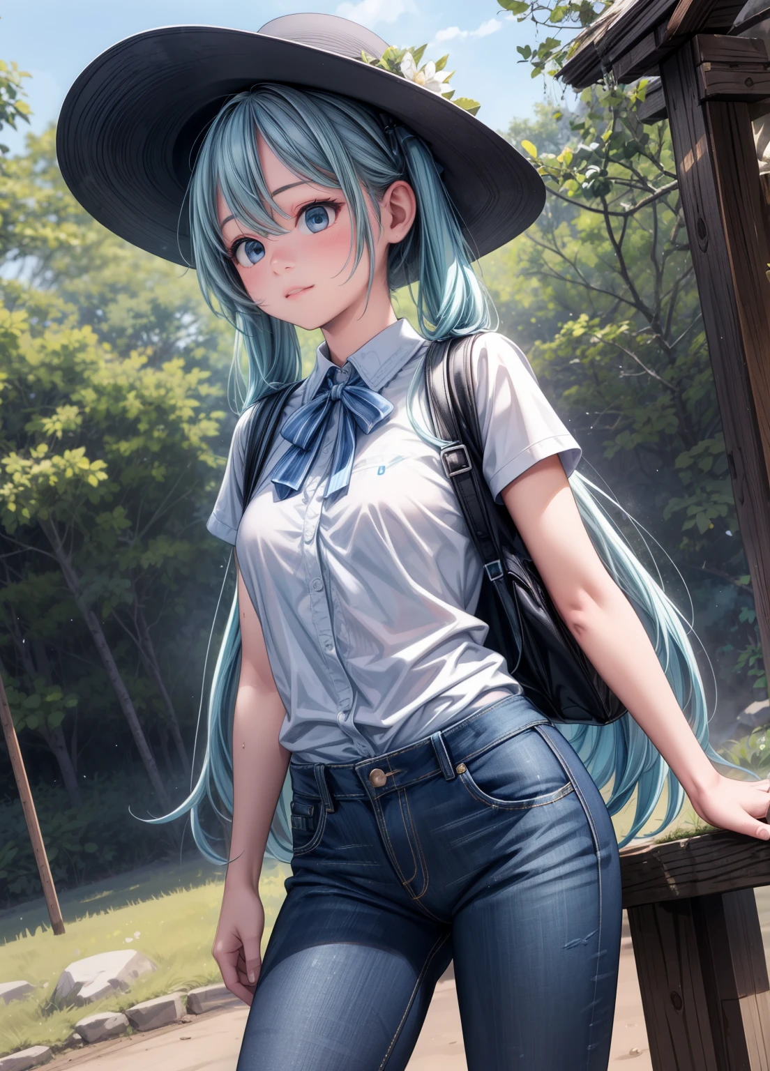 (masterpiece、Highest quality、Highest quality、Official Art、Beautiful and beautiful:1.2)、(One girl:1.3)Hatsune Miku、Twin tails,Beautiful breasts,(Highest quality, High resolution, 8K, Super detailed, Realistic:1.37), Cowgirl, Cowboy hat, Indigo Denim Shorts, Shiny tights