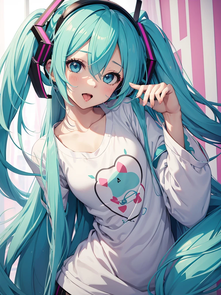 hatsune miku, wake up, pijama, red eyes