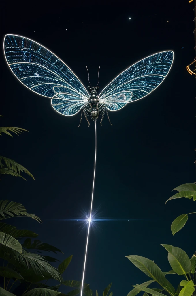 Imagine an insect with wings resembling miniature satellite dishes, each adorned with glowing bioluminescent patterns that pulse rhythmically like a futuristic communication array. Its body is a metallic silver, shimmering with iridescent hues that change based on its mood or environmental stimuli. Instead of legs, it hovers effortlessly using tiny jets of steam emitted from its underbelly, leaving a faint misty trail as it moves. Its eyes are multifaceted crystals that refract light into rainbows, and its antennae are sensitive to electromagnetic waves, allowing it to detect signals from afar. This peculiar insect thrives in dense jungles where it communicates with other creatures through intricate dances and flashes of light, creating a symphony of signals that remain a mystery to human observers. In black and white


You
