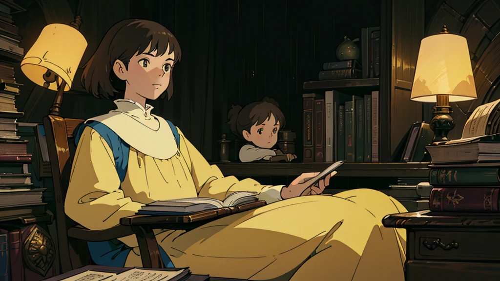 A girl, ensconced in a cozy corner on a rainy evening, sits surrounded by a jumble of books with an intensely profound study attitude. The soft yellow glow of the desk lamp illuminates her thoughtful expression, revealing her deep concentration and composed posture. Her inquisitive eyes dart back and forth between the pages, her nimble fingers turning them with subtle tilt, as she absorbs the old world wisdom contained within. The timeworn margins and sultry aura of the books add to the quiet night ambiance, creating a peaceful and tranquil countenance. This scholarly young woman, clad in plain attire, appears to be a seeker of knowledge and intellect,Width cat