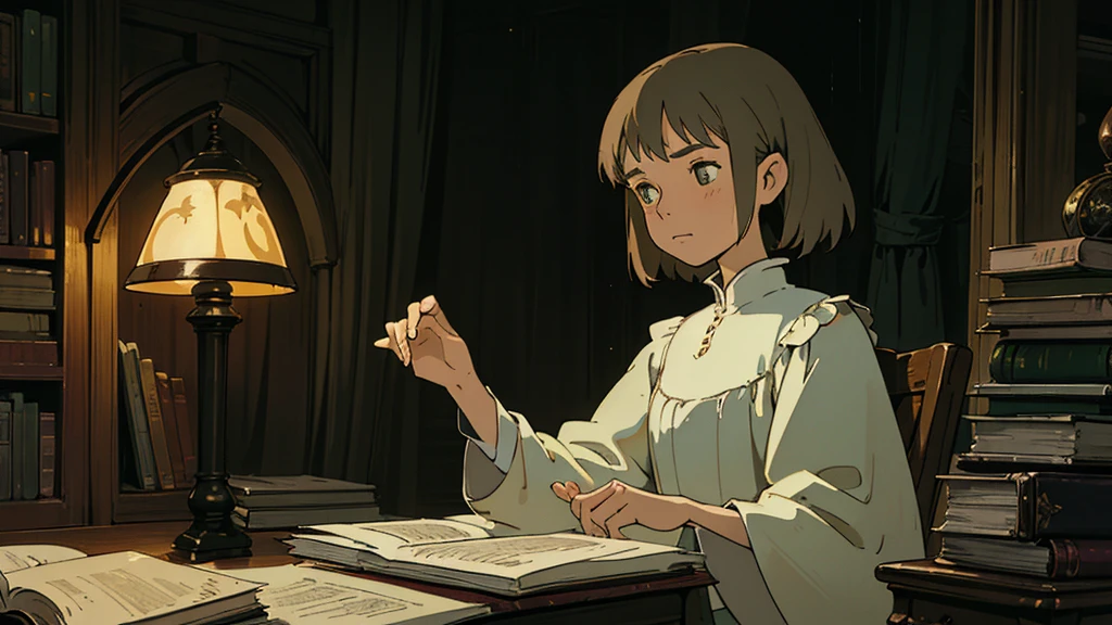 A girl, ensconced in a cozy corner on a rainy evening, sits surrounded by a jumble of books with an intensely profound study attitude. The soft yellow glow of the desk lamp illuminates her thoughtful expression, revealing her deep concentration and composed posture. Her inquisitive eyes dart back and forth between the pages, her nimble fingers turning them with subtle tilt, as she absorbs the old world wisdom contained within. The timeworn margins and sultry aura of the books add to the quiet night ambiance, creating a peaceful and tranquil countenance. This scholarly young woman, clad in plain attire, appears to be a seeker of knowledge and intellect,Width cat