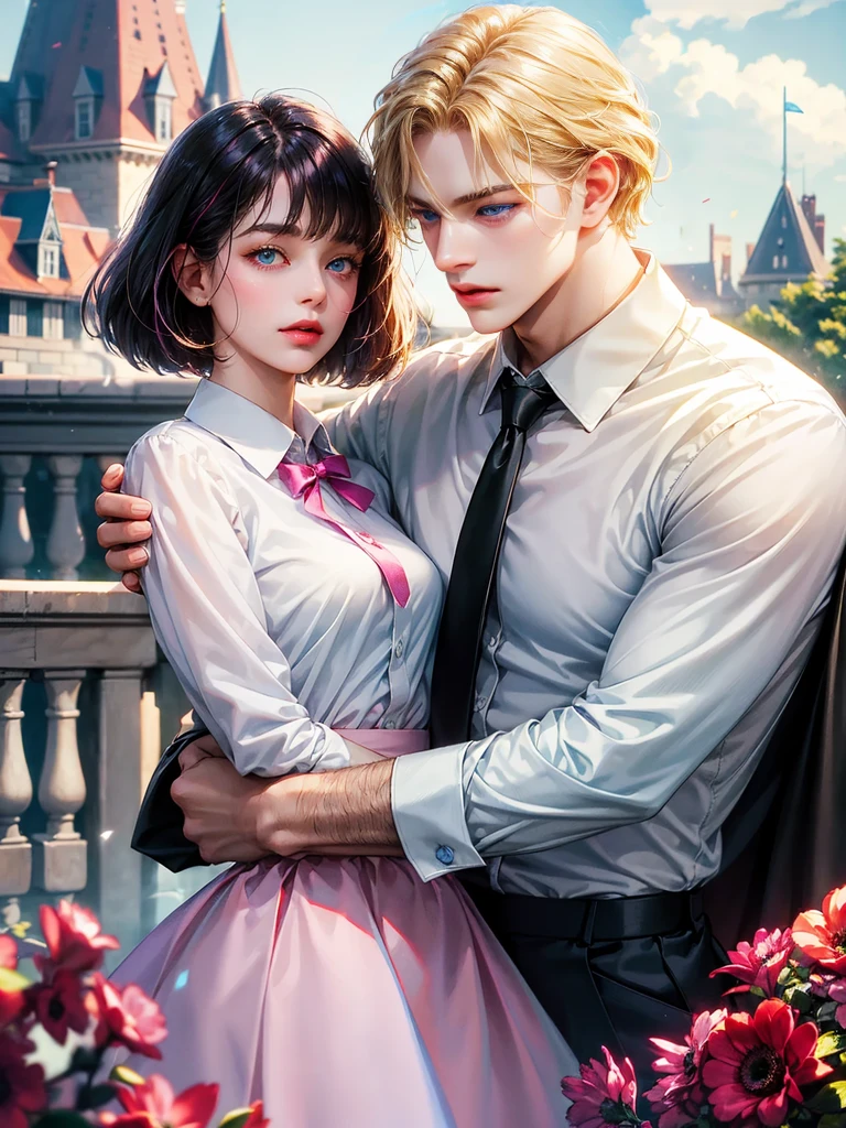The boy has medium blonde hair, wavy hair and (sky blue eyes). No Asian somatic traits. He looks at the viewer