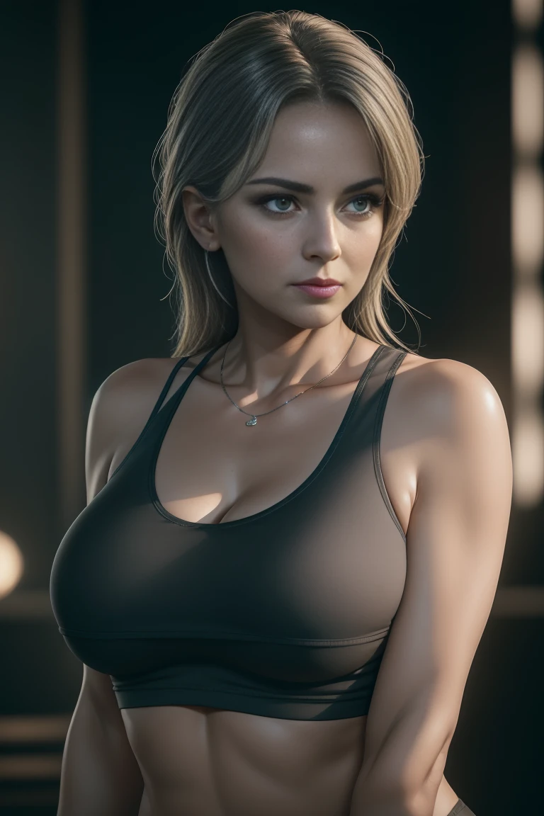 A 55 year old woman with gray and flabby hair, small breasts, new slim body, wearing a crop top, beautiful detailed eyes, beautiful detailed lips, extremely detailed face, longeyelashes, cinematic lighting, photorealistic, (best quality,4k,8k,highres,masterpiece:1.2),ultra-detailed,(realistic,photorealistic,photo-realistic:1.37),cinematic,dramatic lighting,HDR,UHD,studio lighting,ultra-fine painting,sharp focus,physically-based rendering,extreme detail description,professional,vivid colors,bokeh