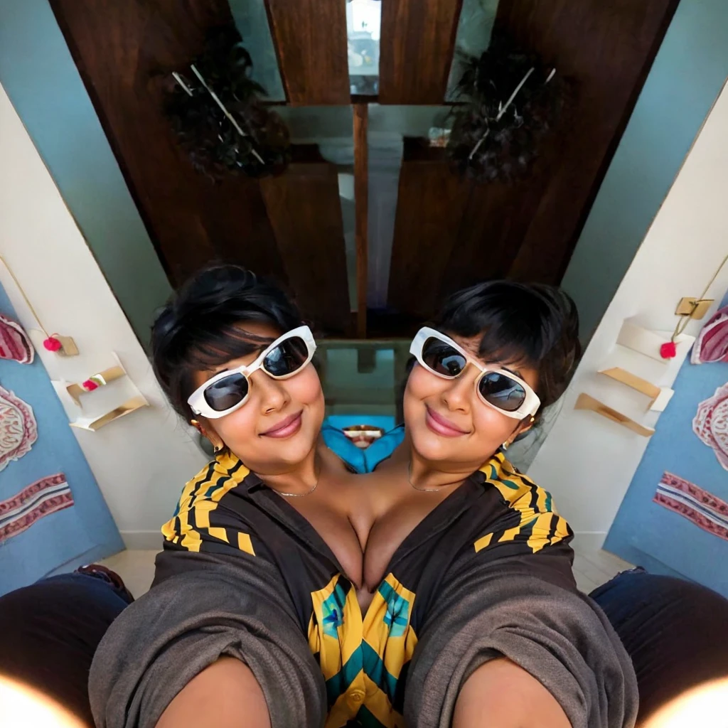 3 heads, Three-headed mother, 40 years old, Leaning forward, Wavy jet black hair, Curvy, Big Ass, Very thick, Affectionate, cute, wear the watch, Sitting in the living room, Hispanic, Thick thighs, Curvy, Wide Hips, Visible curves, Chubby, During pregnancy, Poor motor skills, Very broad shoulders, Sweaty, (Wearing a casual shirt):1.7, Open shirt, Beautiful Hair, very Wide Hips, Poor motor skills, Chubby, Visible curves, Realistic, Combined, No beard, Very feminine face, Curvy, Big Ass, Very thick, Affectionate, cute, wear the watch, Standing in her living room, Relaxed posture, very feminine and detailed face, detailed, Chubby arms, slightly Chubby face, try to cover your chest with your arms, smile,