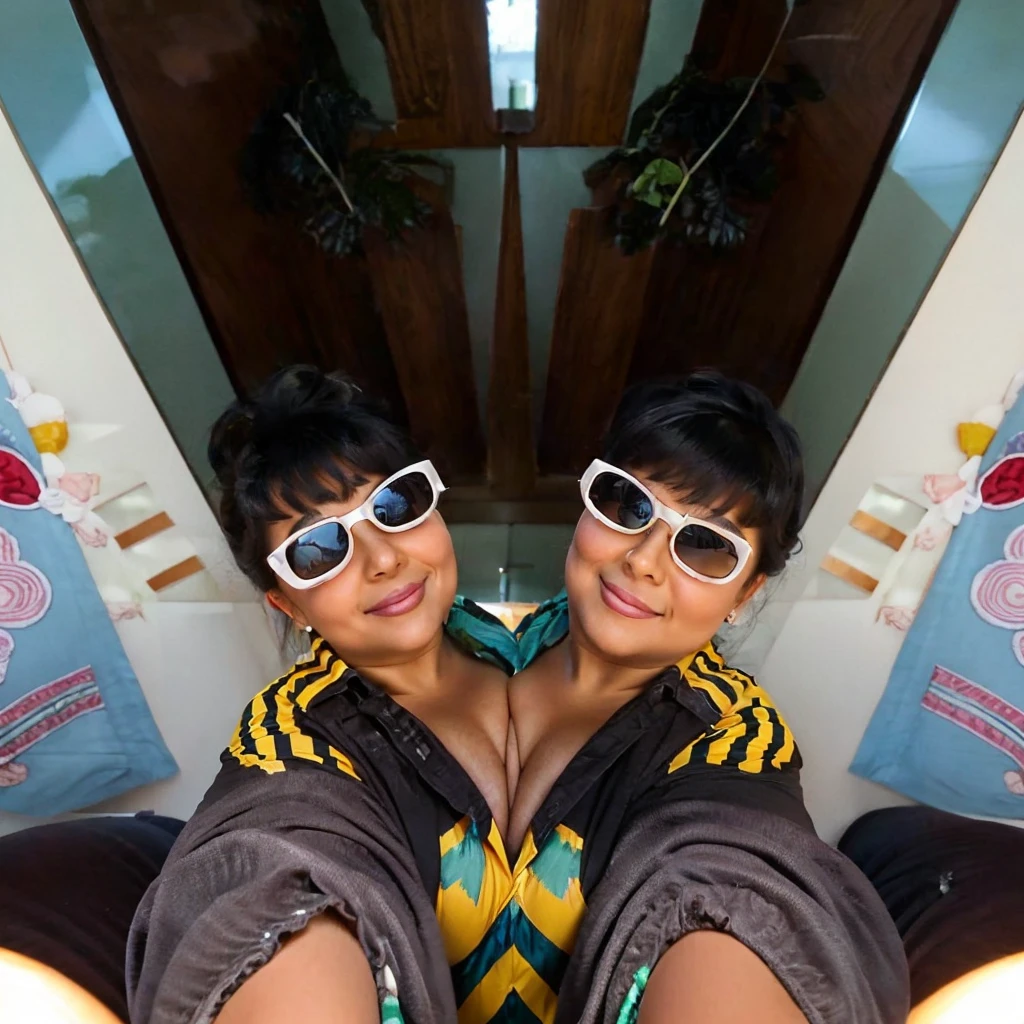 3 heads, Three-headed mother, 40 years old, Leaning forward, Wavy jet black hair, Curvy, Big Ass, Very thick, Affectionate, cute, wear the watch, Sitting in the living room, Hispanic, Thick thighs, Curvy, Wide Hips, Visible curves, Chubby, During pregnancy, Poor motor skills, Very broad shoulders, Sweaty, (Wearing a casual shirt):1.7, Open shirt, Beautiful Hair, very Wide Hips, Poor motor skills, Chubby, Visible curves, Realistic, Combined, No beard, Very feminine face, Curvy, Big Ass, Very thick, Affectionate, cute, wear the watch, Standing in her living room, Relaxed posture, very feminine and detailed face, detailed, Chubby arms, slightly Chubby face, try to cover your chest with your arms, smile,
