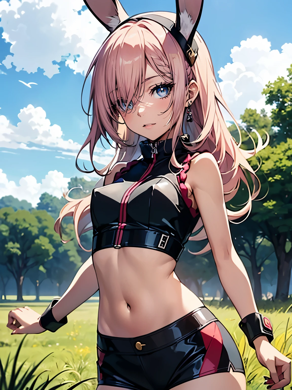 ((Seductive Anime Girl:1.3, solo:1.5))、((teenage girl:1.2))、((fusion of rabbit and girl:1.4))、((happy smile:1.3))、energetic、((pink color, leather clothes))、((Being in grassland:1.3)), erect nipples、((jumping:1.3))、((open clothes:1.2))、((crop top navel:1.2))、((small breasts))、((sleeveless:1.2))、((Glossy realistic skin texture))、masterpiece, ultra-detailliert, 8k, hiquality, Top image quality, digitial illustration, Smooth texture