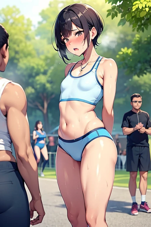 NSFW,((highest quality)), (masterpiece: 1.2), very detailed,(perfect and beautiful posture:1.2),(Solo,mature man),(short cut hair),(flat chest:1.4), ((confused and embarrassed and blush,cum:1.3)), shyness and crying:1.1, (Sweaty, sunburned skin:1.4), (tight Sports White bra, tight blue sporty panties:1.3),(erect nipples:0.3),navel out, (standing:1.3),pink heart shaped earrings and necklace,lips, steaming body, show teeth,midriff,outside, black long socks,skneakers,thick red lips,drooling,excessive cum,skinny,outdoor,navel out,((tight thighs,inner legs:1.1)),heavy breathing,looking at viewer,mouth open a little,(chubby),(in the crowded park,macho men surrounding her:1.3),Looking at viewer