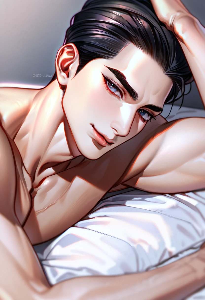 absurdres, highres, ultra detailed, HDR, master piece, best quality, perfect eyes, defined appearance, Joo Jaekyung, black hair, slicked back, ruffled, expressive gray eyes, Jinx, solo, sexy man, handsom, smirking, horny, toned chest, black boxers, bed, lying on a bed, pillows