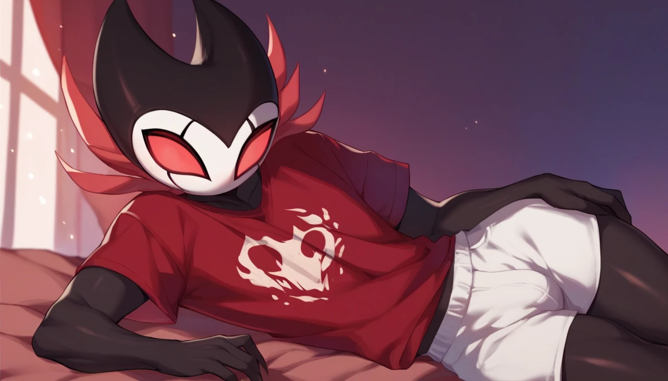 score_9, score_8_up, score_7_up, score_6_up, zPDXL2, grimm \(hollow knight\), vampire, bat, 1boy, solo, cute face, detailed eyes, red t-shirt, white shorts, male focus, thick thighs
