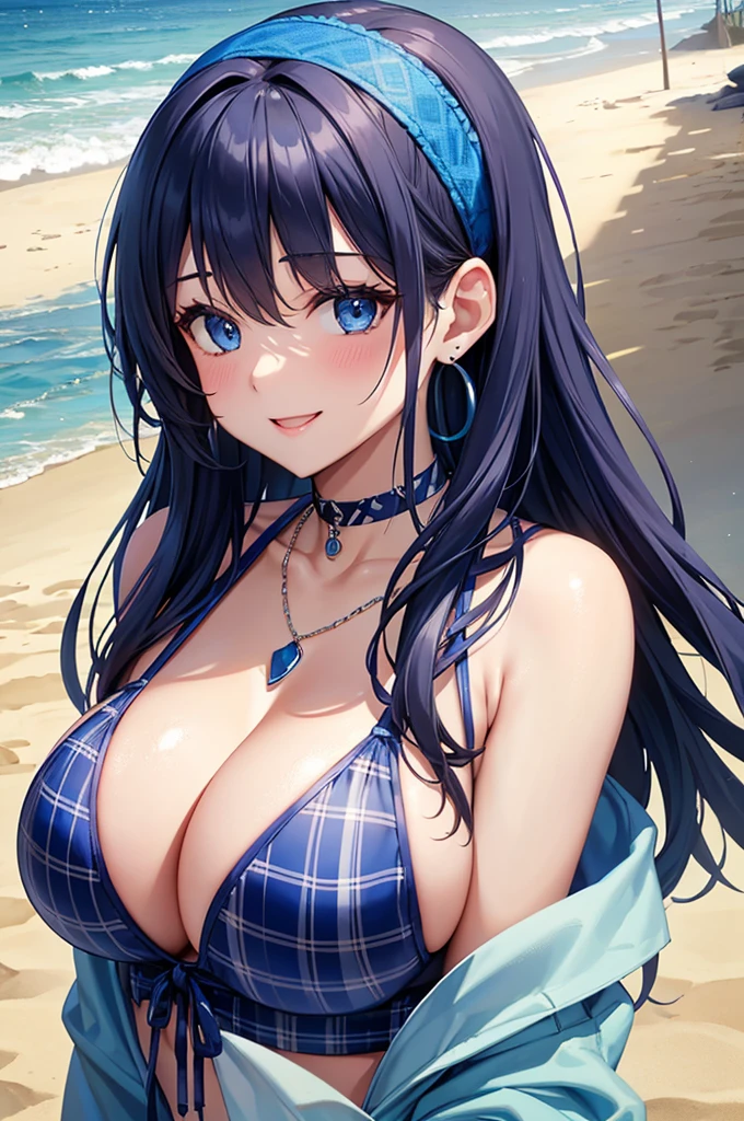Highest quality、Highest quality、masterpiece、Beauty(Age 25)、(8K),Navy blue long hair、blue eyes、Sexy plaid bikini、Big cleavage、(Big Breasts),smile、blue necklace、Blue Earrings、background(Beach)、Please open your mouth wide、Plaid headband、bracelet、Chest-pushing pose、Blue choker