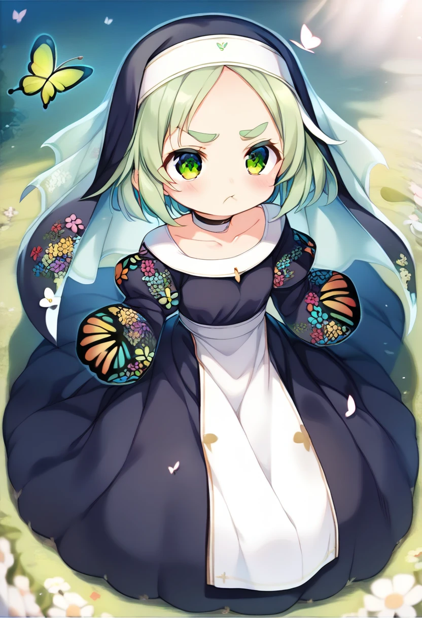score_9, ,score_7_up, score_6_up, 1girl, source_cartoon, source_anime,breathtalking Scenery,watercolor,smooth soft skin, natural skin,anu
BREAK
(loli:1.4),(little female child:1.4), small breast,cute face, (loli toddler:1.1), 6 yo,kawaii, (highlight on eyes), (jiggly:0.8), shiny skin,beautiful eyes, detailed eyes, puffy eyes,
BREAK
(medium green hair:1.3),(green maro eyebrows:1.6),pouty and slightly grumpy,(pout:1.2), ::(, (jitome),(frown:0.6),white streaked hair, green eyes,
BREAK
(Floral print nun dress:1.1), (pastel veil:1.2),choker,nun,butterfly sleeves, excessive detailed collarbone,exposed collarbone, dynamicangle,dynamicpose,full body,
BREAK
In a secluded setting, surrounded by a dense forest, the bog lay hidden like a secret gem, its misty surface whispering tales of ancient times,full body,dynamicangle,dynamicpose,