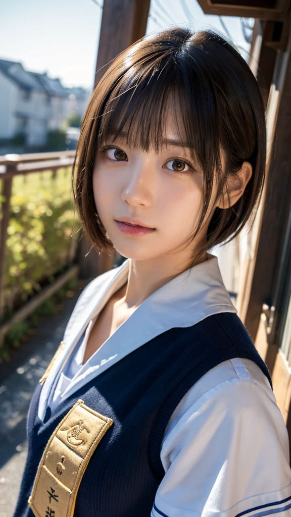 (Highest quality,masterpiece:1.3,Ultra-high resolution),(Super detailed,Caustics,8K), (Photorealistic:1.4, RAW shooting),Selfie,Japanese,18-year-old,Natural brown short bob,School Sailor Uniform,blue sky,alley,High Position,High angle,Face Focus,Face close up,Bust up shot