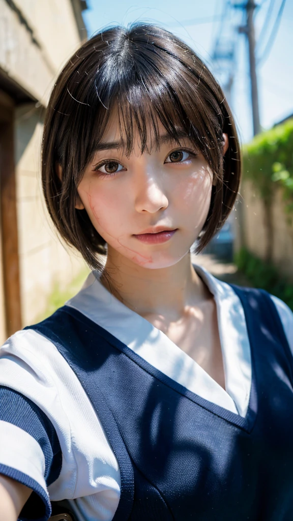 (Highest quality,masterpiece:1.3,Ultra-high resolution),(Super detailed,Caustics,8K), (Photorealistic:1.4, RAW shooting),Selfie,Japanese,18-year-old,Natural brown short bob,School Sailor Uniform,blue sky,alley,High Position,High angle,Face Focus,Face close up,Bust up shot