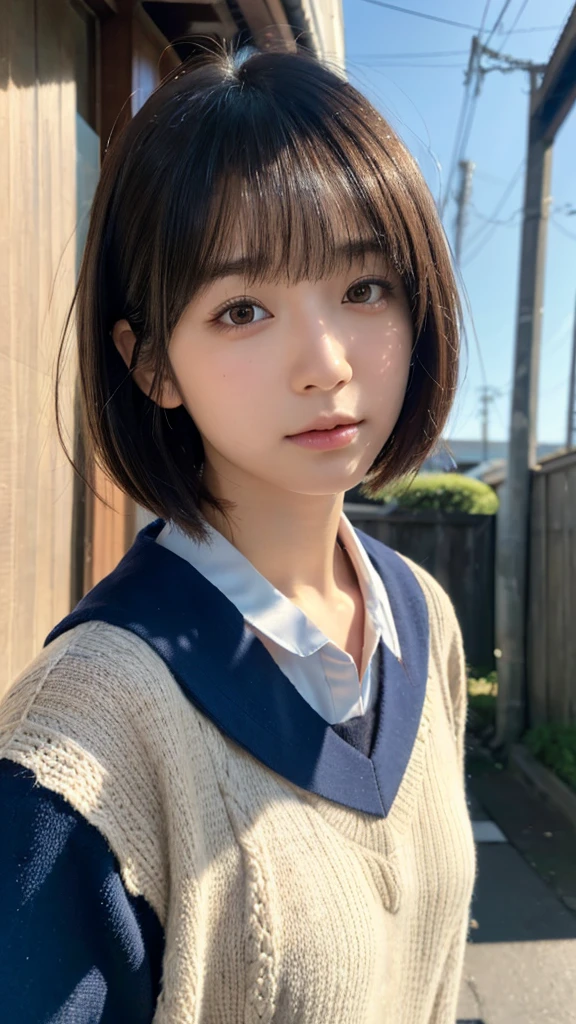 (Highest quality,masterpiece:1.3,Ultra-high resolution),(Super detailed,Caustics,8K), (Photorealistic:1.4, RAW shooting),Selfie,Japanese,18-year-old,Natural brown short bob,School Sailor Uniform,blue sky,alley,High Position,High angle,Face Focus,Face close up,Bust up shot