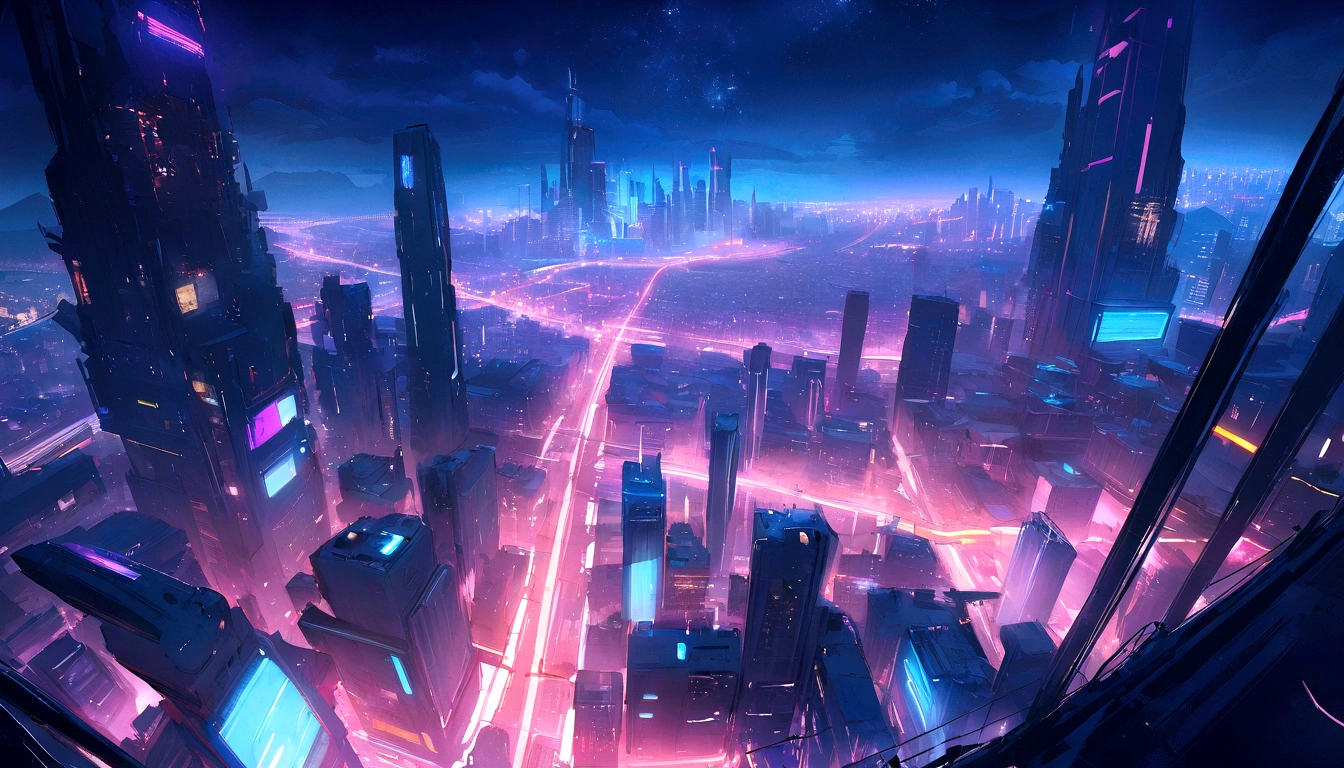 (​masterpiece) city in the style of cyberpunk, illuminated sky, neon lig, image seen from scratch, wide landscape, futuristc city