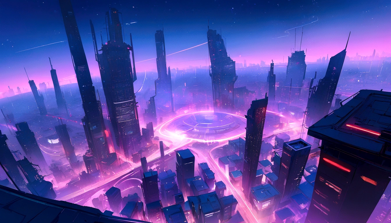 (​masterpiece) city in the style of cyberpunk, illuminated sky, neon lig, image seen from scratch, wide landscape, futuristc city