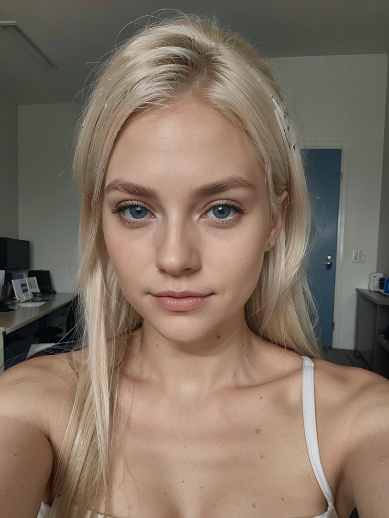 white northerner with platinum blonde hair, platinum subtle natural eyebrows and blue eyes. office style  photo. No make up, selfie in the room. super realistic and detailed 