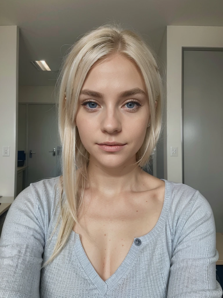 white northerner with platinum blonde hair, platinum subtle natural eyebrows and blue eyes. office style  photo. No make up, selfie in the room. super realistic and detailed 