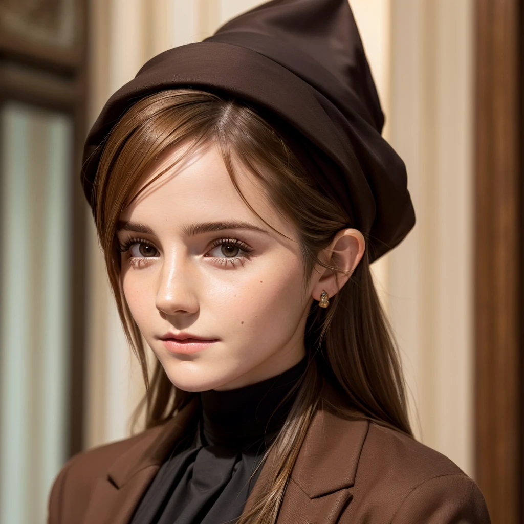 Close-up of a woman in a brown suit taking a photo, Emma Watson portrait, portrait of Emma Watson, clear portrait of Emma Watson, portrait photo of Emma Watson, Emma Watson as driada, Emma Watson modeling for gucci, karol bak of Emma Watson nun, Emma Watson, Emma!! Watson!!, photo of Emma Watson, with the face of Emma Watson