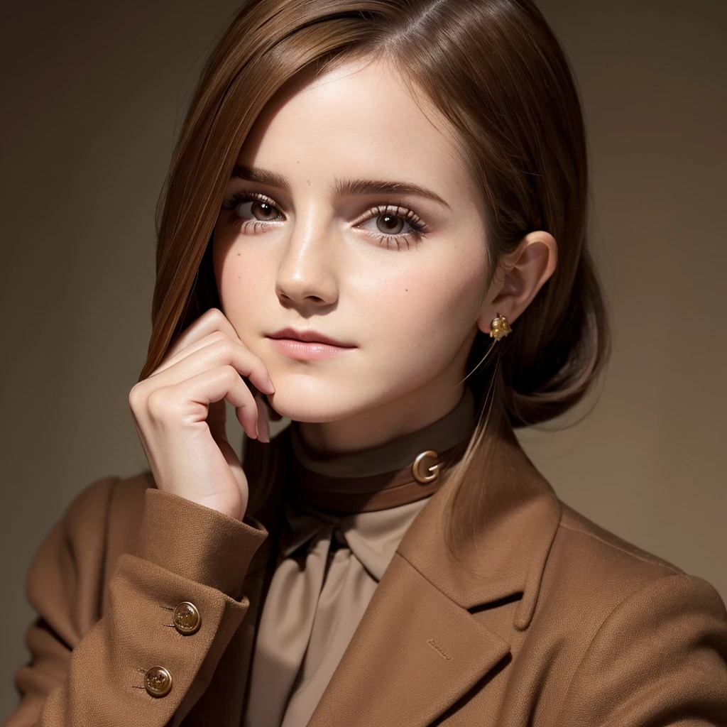 Close-up of a woman in a brown suit taking a photo, Emma Watson portrait, portrait of Emma Watson, clear portrait of Emma Watson, portrait photo of Emma Watson, Emma Watson as driada, Emma Watson modeling for gucci, karol bak of Emma Watson nun, Emma Watson, Emma!! Watson!!, photo of Emma Watson, with the face of Emma Watson