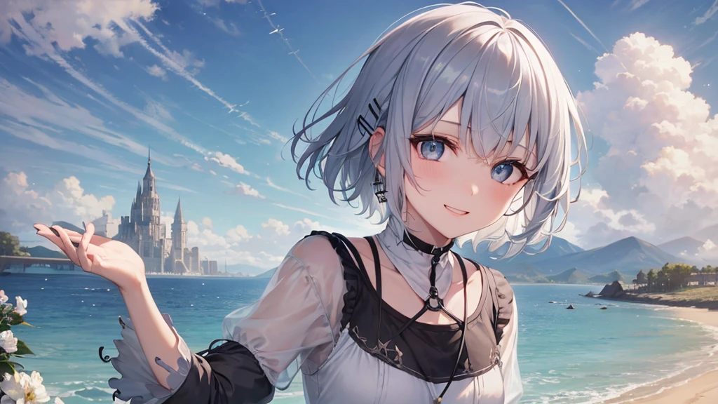 Her eyes were shining、Mysterious and enchanting atmosphere。With AI Painting、とてもShort Hair, Long bangs between the eyes, Very detailed,(masterpiece、Highest quality)、alone、Gray Hair、Fantasy, Silver Hair, Fantasyな風景、White shirt、smile、Open your mouth、Scarf、short hair、Short Hair、hairpin、black eye、Grey Eyes、Beautiful Eyes