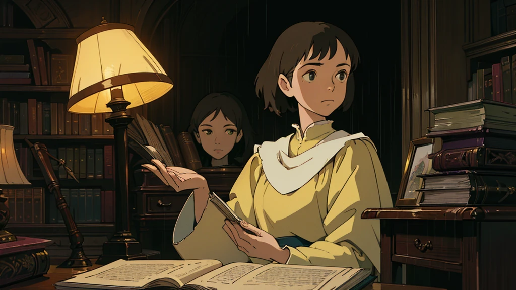 A girl, ensconced in a cozy corner on a rainy evening, sits surrounded by a jumble of books with an intensely profound study attitude. The soft yellow glow of the desk lamp illuminates her thoughtful expression, revealing her deep concentration and composed posture. Her inquisitive eyes dart back and forth between the pages, her nimble fingers turning them with subtle tilt, as she absorbs the old world wisdom contained within. The timeworn margins and sultry aura of the books add to the quiet night ambiance, creating a peaceful and tranquil countenance. This scholarly young woman, clad in plain attire, appears to be a seeker of knowledge and intellect,Width cat