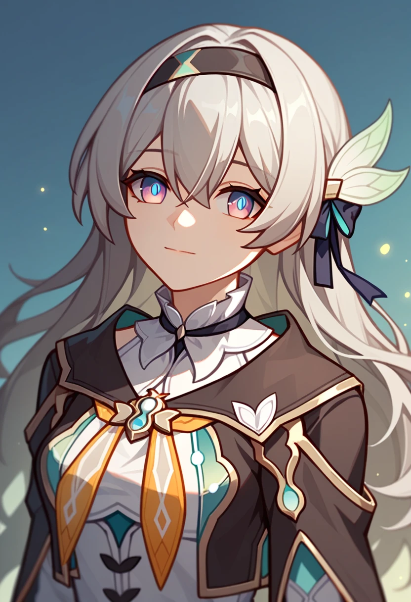 firefly_\(honkai:_star_rail\), 1girl, black_hairband, grey_hair, long_hair, purple_eyes, black_jacket, long_sleeves, hair_between_eyes, white_shirt, very_long_hair