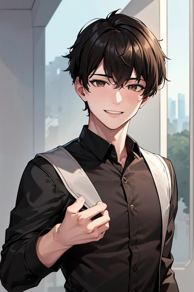 masterpiece, best quality, masterpiece, best quality, masterpiece, best quality, masterpiece, best quality, high quality,high detail, ultra detail, Uhd, 4k,4280x2240, depth field, (hdr:1.9), correct anatomy, a boy masculine with short hair black hair abundant brown eyes with complete spring outfit smile
