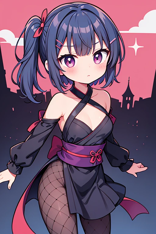 (masterpiece), (highest quality), ((Super detailed))、(super delicate)、Cute naughty Assassin girl、Pastel colors hair、medium breasts、(Thighs, fishnet pantyhose, ninja costume)、Gorgeous、short hair, (dark blue hair1.2), (naked:1.3), (おでこ:2.0, forehead:2.0, parted bangs:1.5, swept bangs:1.5, bangs pinned back:1.5, hairclip, side ponytail:1,3), standard height, (Serious, Large eyes, yuruyuri)