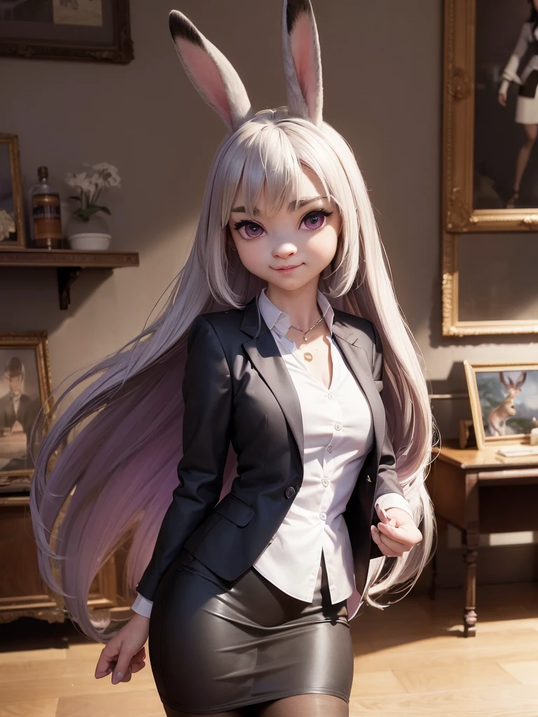 best quality,
masterpiece,
hyper Realistic,
ultra-detailed,
beautiful detailed,
4K，8K，High level,
PIXAR,
Photo real,
Portrait,
Looking at the audience,
background is an office,
Realistic lighting,

anthropomorphic rabbit,
detailed animals,
Complex patterns,
felt skin,

(Face is JudyHopps:1.2),
((long straight hair)),
wispy bangs, bangs,
purple eyes,
(arched eyebrows:1.1),
(uplift eyebrows:1.1),
(rabbit ears:1.1),

office lady is wearing suit,
((White blouse)),
((Black blazer jacket)),
((Black skirt)),
clothes made of cotton,

(solo:1.5),
(1 lady:1.5),
one character only
alone,
Perfect Anatomy