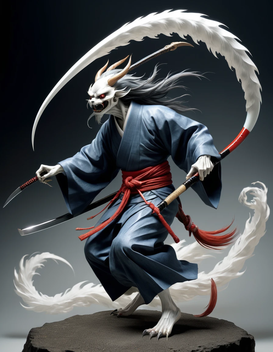 Kamaitachi: "Generate a hyper-realistic and high-definition image of a Kamaitachi, a wind spirit from Japanese folklore, with sharp, scythe-like claws and a swift, ghostly form."