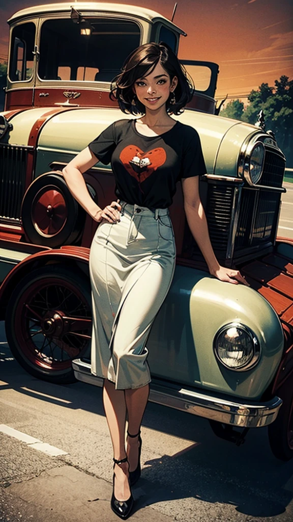 Best quality、超A high resolution、full bodyesbian、Tie-up hair all back girls、Wear a boyfriend-style t-shirt,Stand in front of a red antique car,88 highway background, Cute happy smile