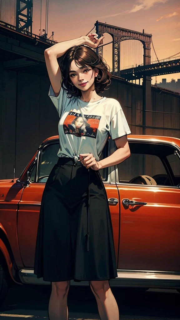 Best quality、超A high resolution、full bodyesbian、Tie-up hair all back girls、Wear a boyfriend-style t-shirt,Stand in front of a red antique car,88 highway background, Cute happy smile