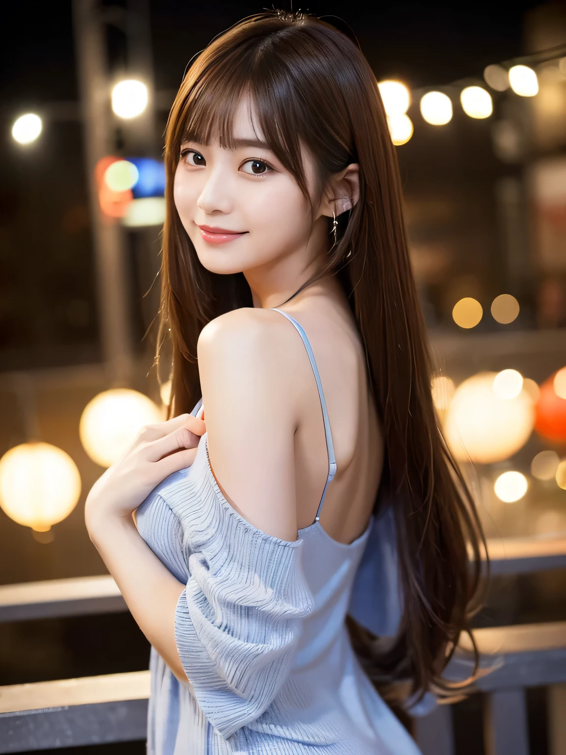 masterpiece、1 beautiful girl、Detailed eyes、Puffy eyes、Highest quality, 超High resolution, (Reality: 1.4), Cinema Lighting、Japanese、Asian Beauty、Super Beauty、Beautiful Skin、Slender、Body facing forward、(Surreal)、(High resolution)、(8K)、(Very detailed)、(Beautiful and detailed eyes)、(Ultra-detailed)、 (wall-)、Detailed face、Bright lighting、Professional Lighting、View your viewers、Look straight ahead、(The costume is a knit dress)、Long Hair, My hair is messy, Asymmetrical bangs, 、Night Scenery、Brown Hair、Japan is an idol、Korean Idol、Gravure idol pose、、Age 21、expensive, smile,