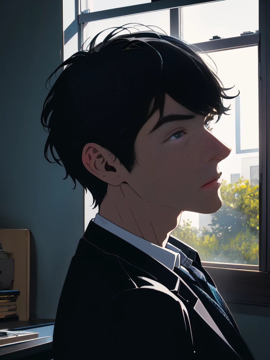 ‪ (masterpiece, 8K, Absurd, Digital Art, Digital Illustration, Realistic, Very detailed, Realistic lighting), (Perfect Face, Perfect Eyes, Perfect body), male,1 person, 20代の若いネクロマンサーのmale、Writing a diary by the window, Sit by the window, afternoon, Close-up with window light, Side Angle, Natural light, Character&#39;s concentrated face, Soft and detailed, Reflective and calm, Anime Style, Fascinating anime, Pixiv Fan Art,

