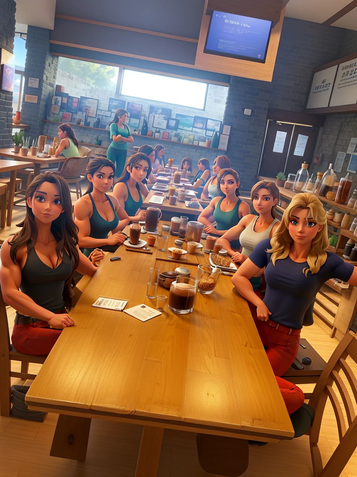 Six gorgeous muscular women posing for a background inside a beautiful coffee shop on a sunny day