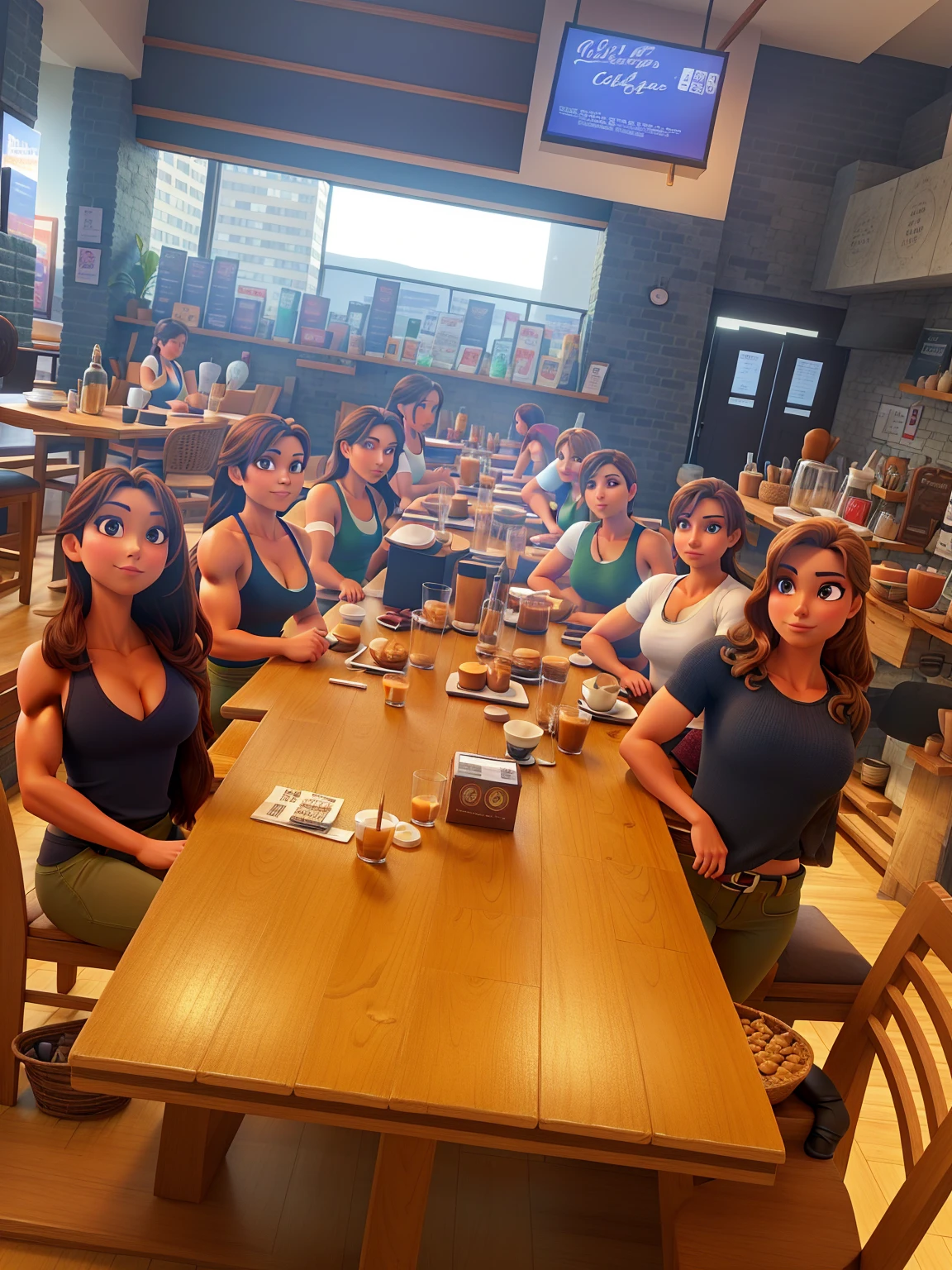 Six gorgeous muscular women posing for a background inside a beautiful coffee shop on a sunny day
