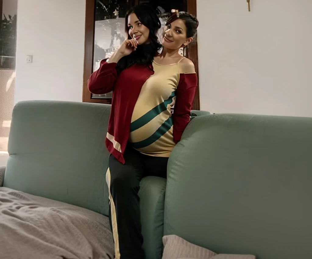 2 heads, Two mothers, 36 years old, During pregnancy, Curvy, Casual Dresses, sneakers, Happy, Sitting on the couch,
