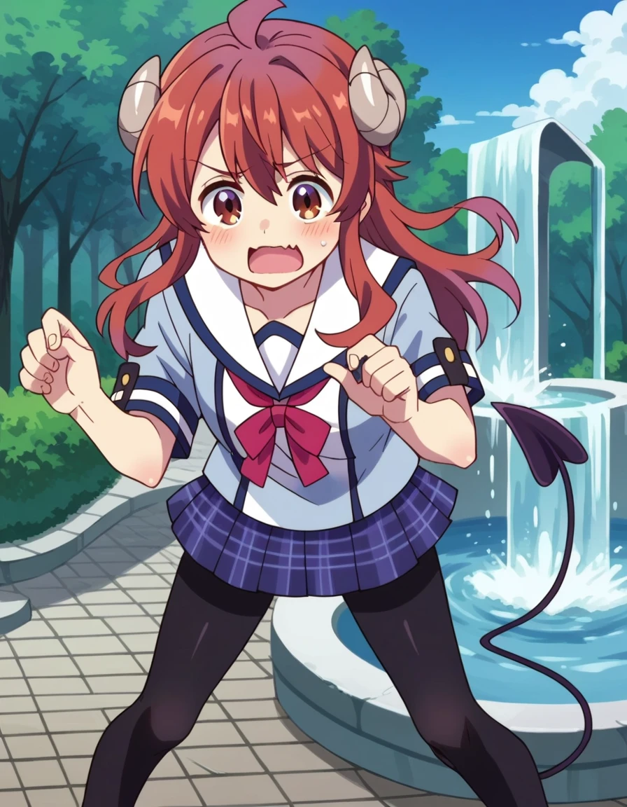 score_10, score_8, sharp, cheered up screencap, Flat colors, flat shadows,fountain_cheered up, cheered up,BREAK, Yoshida Yuuko \(Mazoku de Machikado\),Brown eyes,Red hair,wide, He drowned, hornless,demon tail,,sailor collar,blue shirt,with shirt,Neckband,short sleeves, plaid skirt, black pantyhose, moccasins