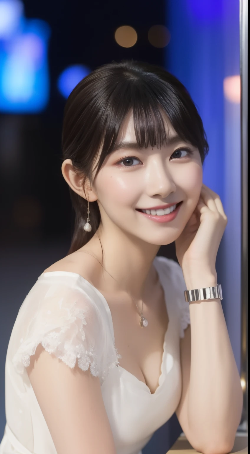 8K, Tabletop, RAW Photos, Highest quality, Realistic, 非常に詳細な CG Unity 8K 壁紙, Depth of written boundary, Cinematic Light, Lens flare, Ray Tracing, (Very beautiful face, Beautiful Lips, Beautiful Eyes), Exquisitely detailed face, ((Highly detailed skin)) One Girl, In the Dark, Deep Shadow, Cute Korean Girl, K-Pop Idols, 1 Girl, (Very slim and slender fit muscular body:1.3), ((View your viewers)),(Big smile:1.3), (Fashion City Night, Dark Night, (Neon Signs), (Blurred Background), Fashion Street Night),(No people in the background:1.3), pantyhose, Clear Eyes, (Pale skin), (Big eyes), Look forward, (Brown Hair), (Full Body Shot), ((Silk White Color Dress:1.3)), ((Tight Fit Dress)), ((Lace dress)), (View your viewers:1.3), Open chest, Very slim, Medium chest,  In front of eyebrows,(Tight dress), Thick thighs, ((Her cleavage is visible)),D cup breasts,barefoot, Sit on a desk, Hands clasped above head, Sitting Girl