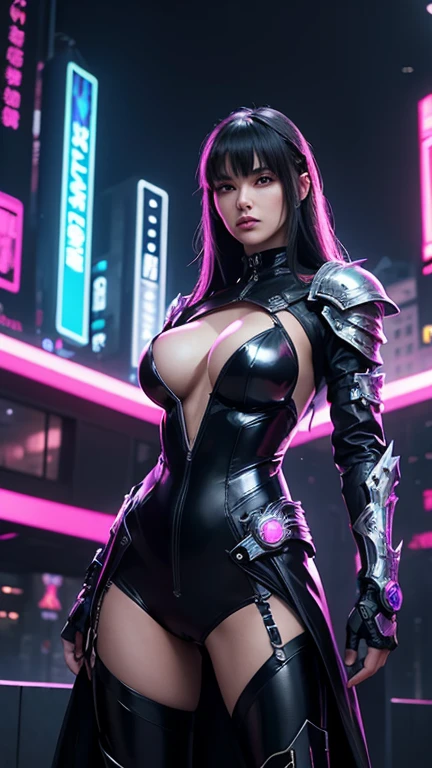 A stunning female knight in a Cyberpunk setting, dressed in intricately crafted leather armor with a futuristic twist. She holds a gleaming, high-tech sword. Her armor is a mix of sleek black and dark metallic leather, featuring neon accents and cybernetic enhancements that showcase both elegance and strength. The detailed patterns and high-tech embellishments highlight her status as a powerful and gorgeous paladin. Her presence is both fierce and graceful, embodying the essence of a cyber-fantasy warrior amidst a neon-lit, dystopian cityscape.