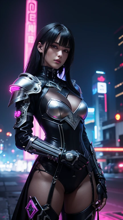 A stunning female knight in a Cyberpunk setting, dressed in intricately crafted leather armor with a futuristic twist. She holds a gleaming, high-tech sword. Her armor is a mix of sleek black and dark metallic leather, featuring neon accents and cybernetic enhancements that showcase both elegance and strength. The detailed patterns and high-tech embellishments highlight her status as a powerful and gorgeous paladin. Her presence is both fierce and graceful, embodying the essence of a cyber-fantasy warrior amidst a neon-lit, dystopian cityscape.