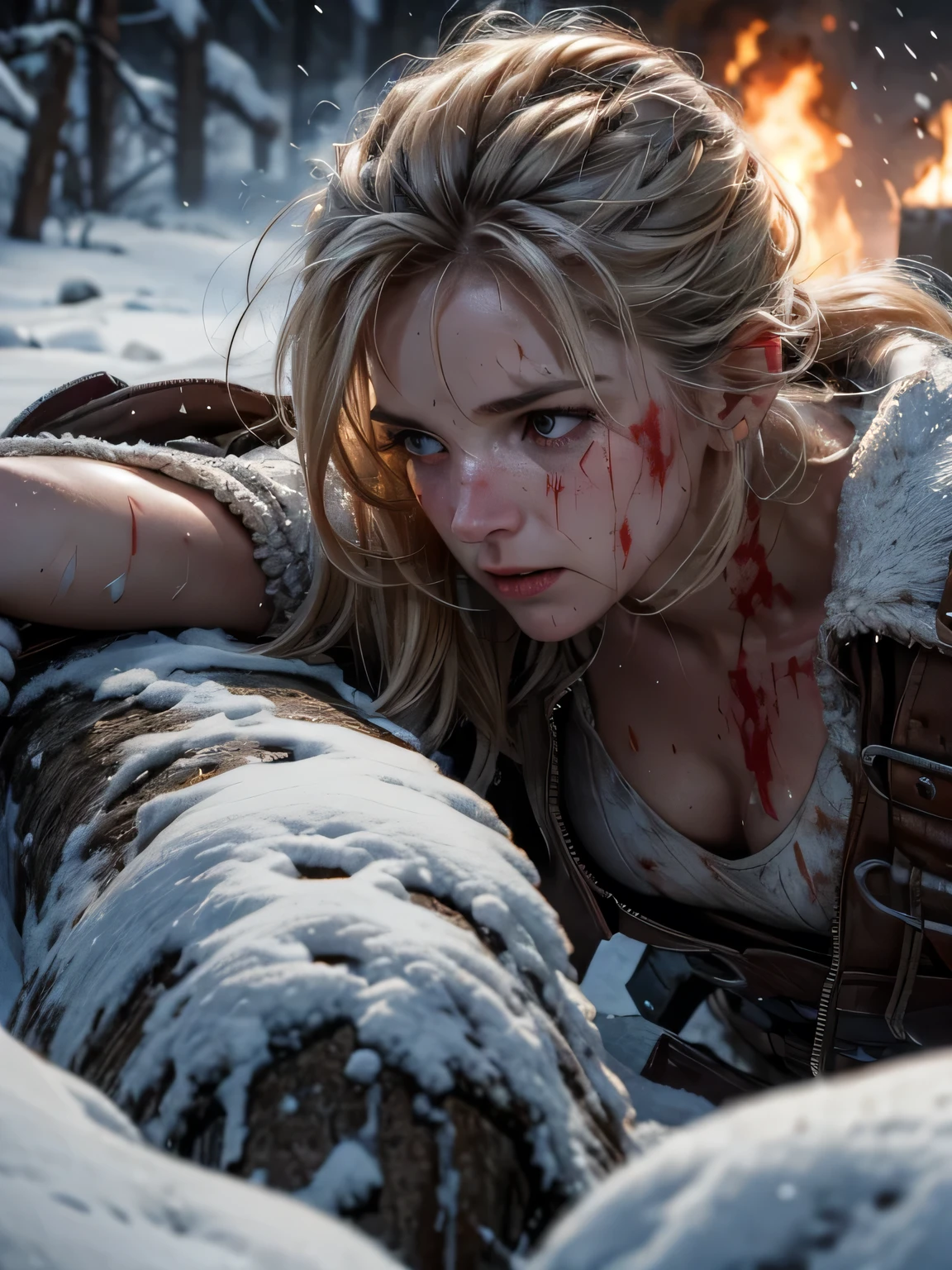 Helen Skelton, American Civil War, close-up action shot from ground level, naked Confederate soldier, swearing, sweating, damp hair, bloodied, on a bloody battlefield, snow, explosion, fires