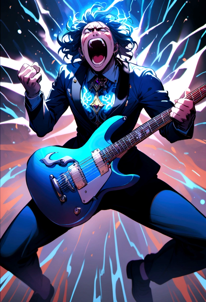 Angel man playing an electric guitar screaming