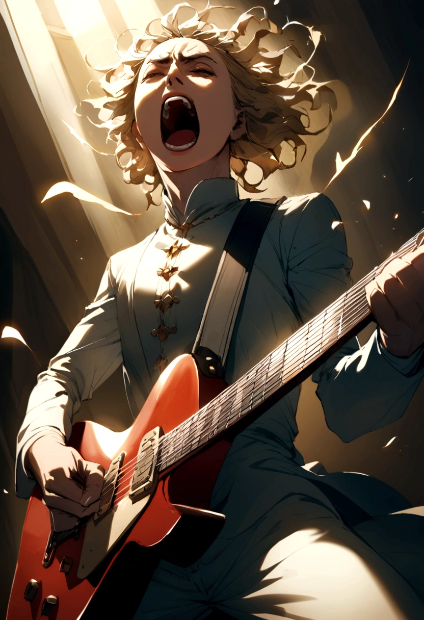 Angel man playing an electric guitar screaming