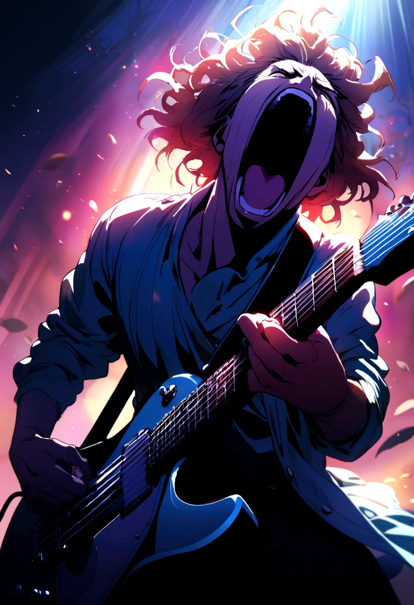 Angel man playing an electric guitar screaming