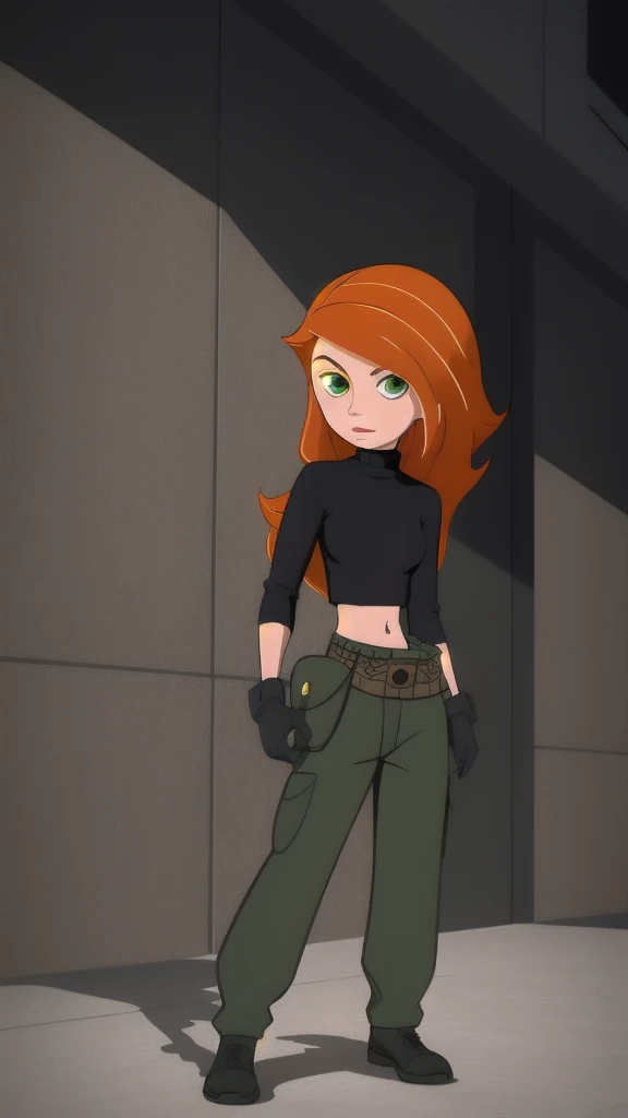 Best_QualityPos, RAW photo, intricate details, best quality, 8k uhd, soft lighting, 1girl, solo, green eyes, orange hair, long hair, black gloves, black turtleneck sweater, crop top, midriff, long sleeves, belt, belt pouch, green cargo pants, black shoes , sexy body , hot